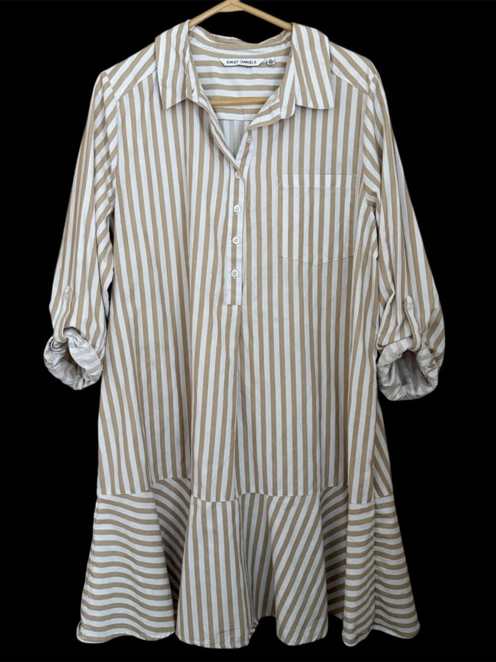 Emily Daniels Stripe Shirt Dress XL Ruffle Hem Tan White Roll Tab LS Cottagecore